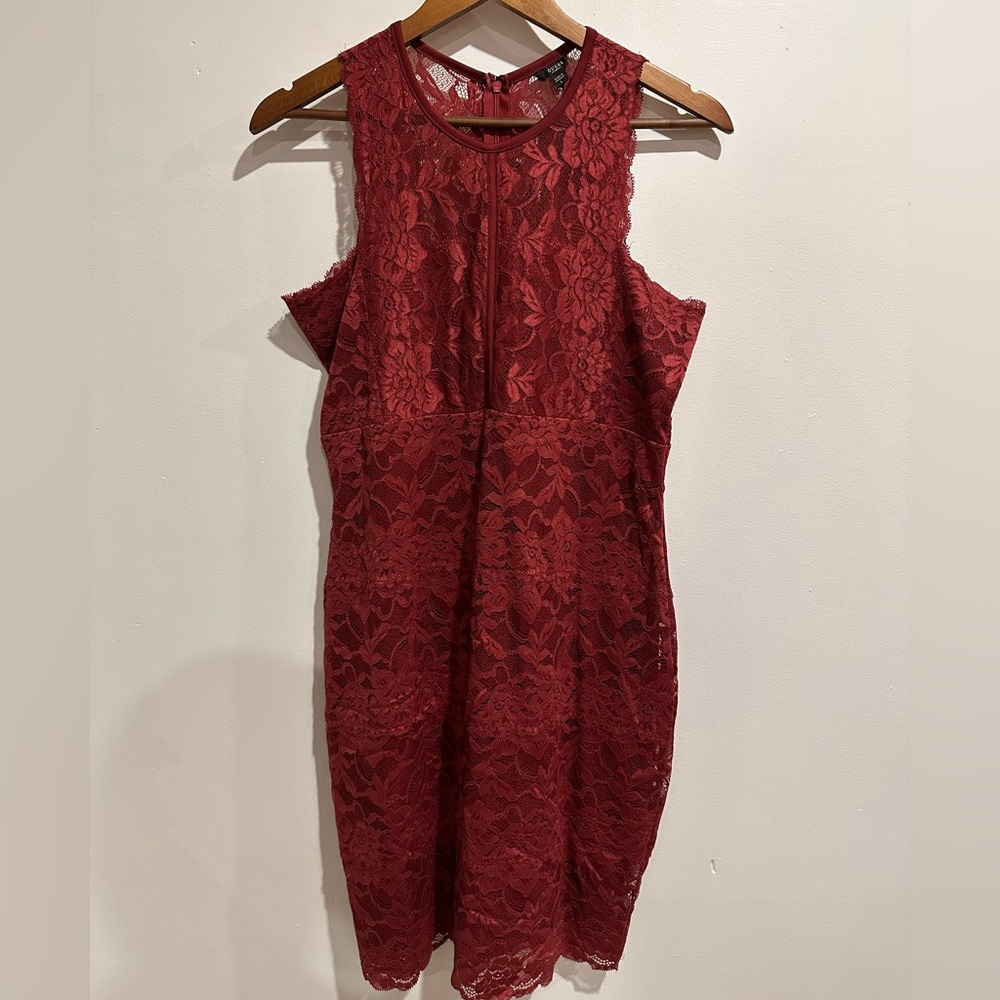 GUESS Red Lace Bodycon High Neck Sleeveless‎ Cocktail Mini Dress Size L